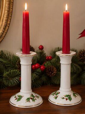 Vintage 1991 Noel Candlesticks Pair China Pearl Gold Rim Christmas Holly Candle